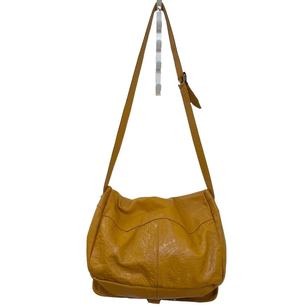 Barganza Genuine Leather Mustard Yellow Embossed Paisley Messenger Bag